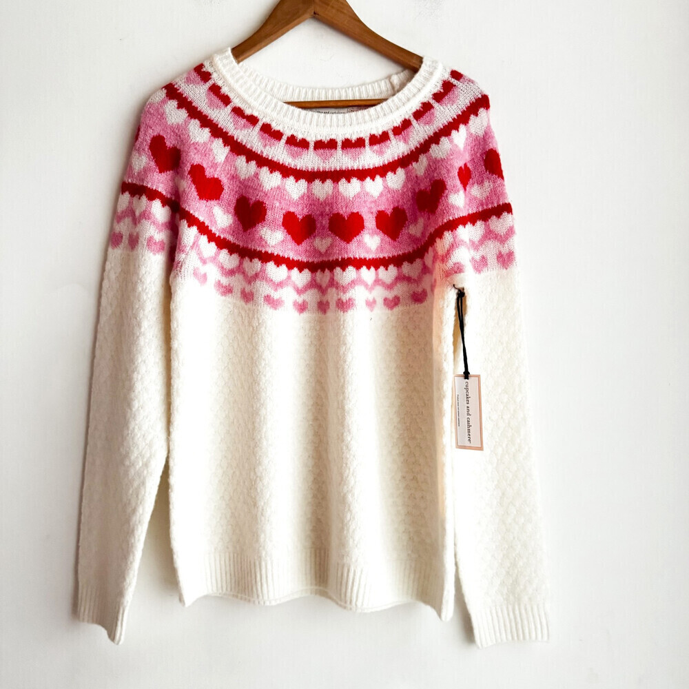Cupcakes and Cashmere Heart Print Fair isle Pullover Sweater XL